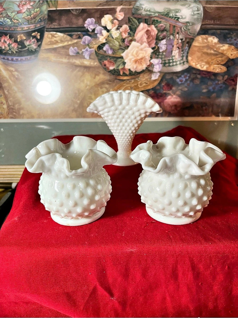 Fenton White Milk Glass Hobnail Ruffled Vase Set White Textured Glass Vase Set